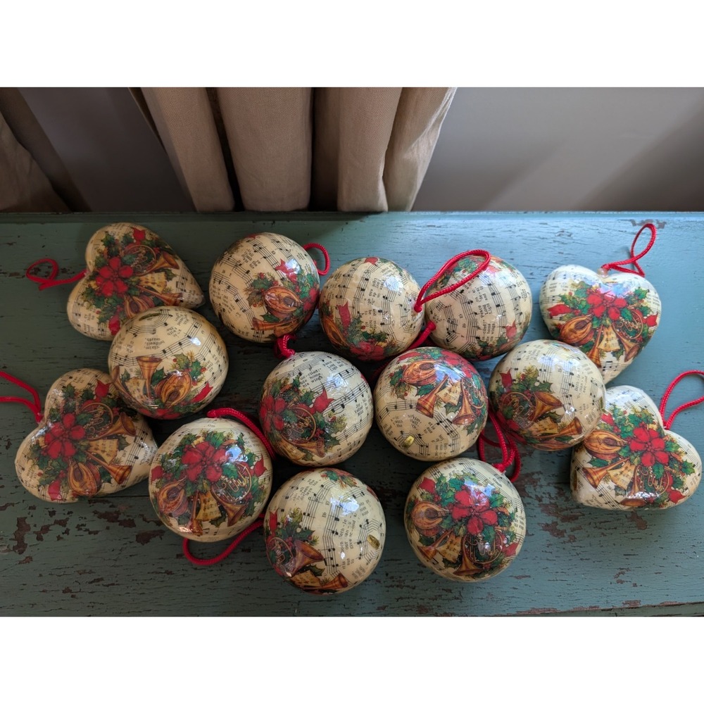 Lot 16 Christmas Ornaments Decoupage Sheet Music Balls, Hearts, & Drums